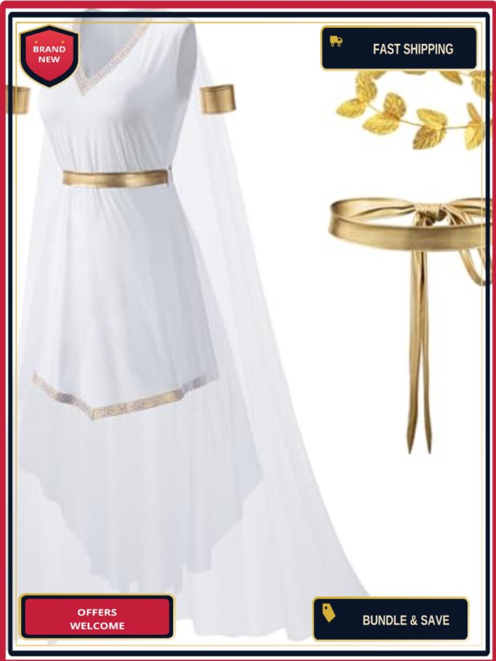 Greek Goddess Toga Costume 4-Piece Set Polyester Roman Cosplay Halloween